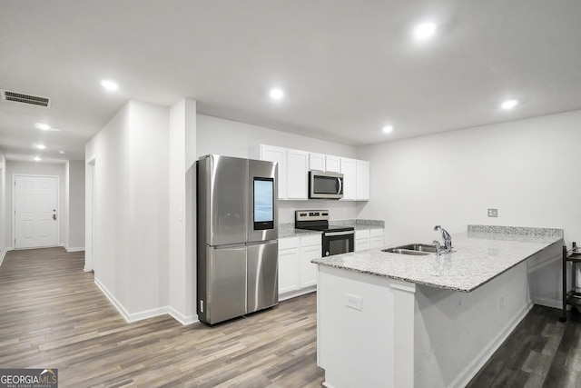 kitchen with stainless steel appliances, visible vents, white cabinetry, a sink, and a peninsula