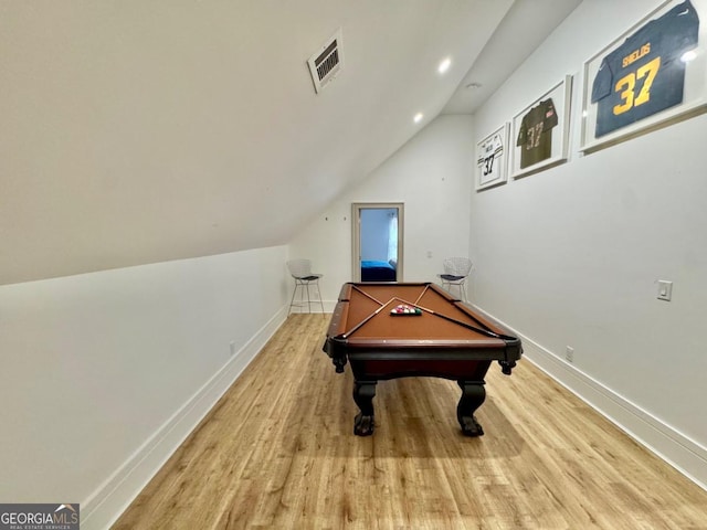 rec room with pool table, visible vents, vaulted ceiling, wood finished floors, and baseboards