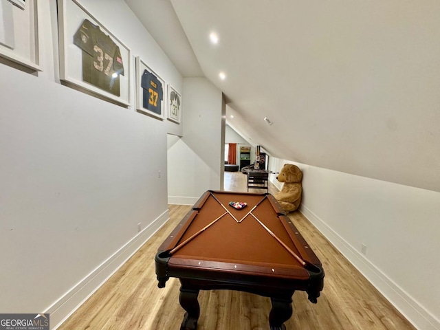 rec room featuring baseboards, wood finished floors, pool table, vaulted ceiling, and recessed lighting