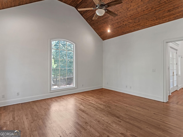 empty room with ceiling fan, wood finished floors, wood ceiling, and baseboards