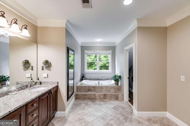 full bathroom featuring crown molding, visible vents, vanity, baseboards, and a bath