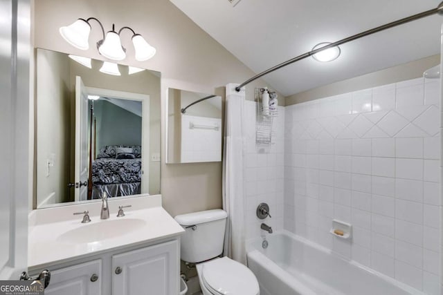 ensuite bathroom with ensuite bath, vanity, toilet, and shower / bath combo with shower curtain