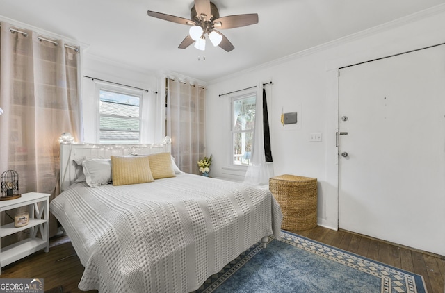 818 Virgil St NE, Atlanta, GA 30307 - bedroom with multiple windows, hardwood / wood-style floors, ornamental molding, and a ceiling fan