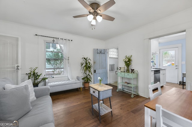 818 Virgil St NE, Atlanta, GA 30307 - living area featuring healthy amount of natural light, a ceiling fan, dark wood finished floors, and ornamental molding