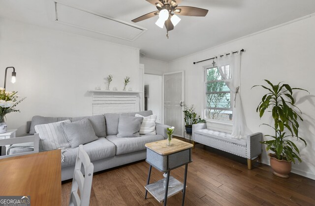 living room with dark wood-style floors, ceiling fan, ornamental molding, and attic access