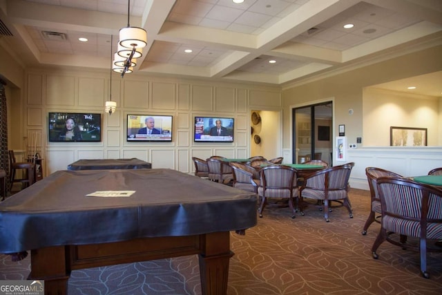 rec room with beamed ceiling, coffered ceiling, visible vents, and a decorative wall