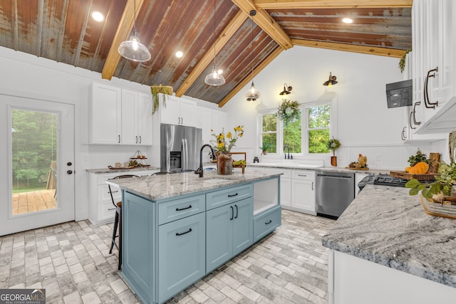599 Double Branch Rd, Danielsville, GA 30633 - kitchen with appliances with stainless steel finishes, a sink, white cabinetry, brick patterned floors, and wooden ceiling