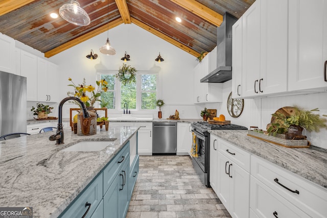 599 Double Branch Rd, Danielsville, GA 30633 - kitchen featuring stainless steel appliances, wall chimney exhaust hood, a sink, wooden ceiling, and white cabinetry