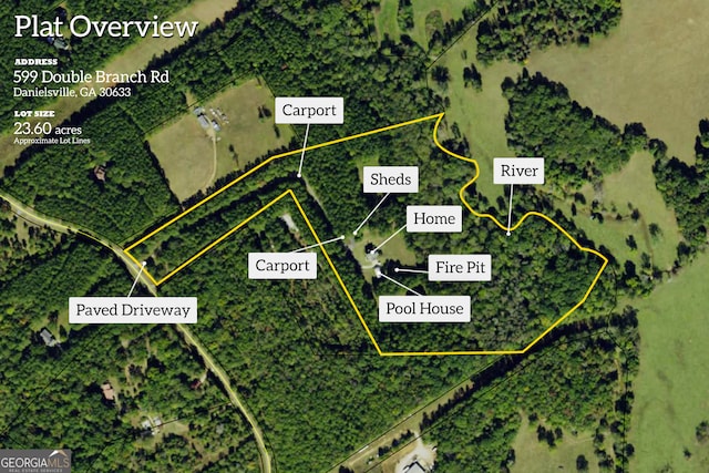 599 Double Branch Rd, Danielsville, GA 30633 - aerial overview of property's location with property parcel outlined