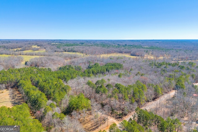 aerial view featuring a wooded view