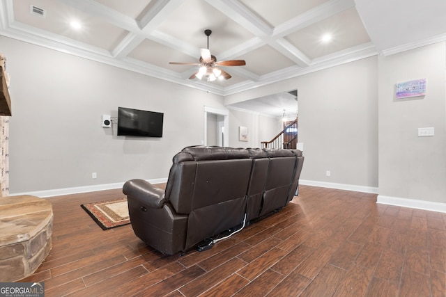 living room with dark wood-style flooring, visible vents, coffered ceiling, beamed ceiling, and baseboards