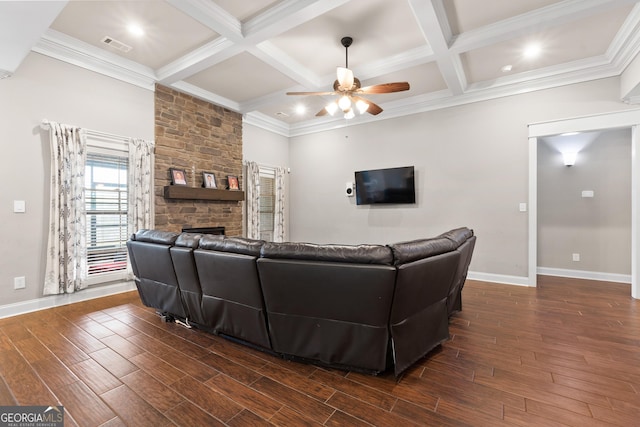 living room with dark wood-style flooring, coffered ceiling, beam ceiling, and baseboards