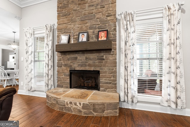 living room featuring ornamental molding, a healthy amount of sunlight, a fireplace, and wood finished floors