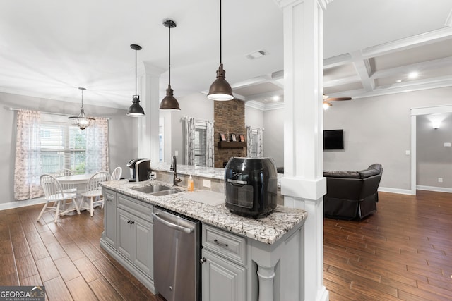 kitchen featuring a sink, visible vents, open floor plan, wood tiled floor, and dishwasher