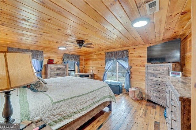 bedroom featuring wood ceiling, hardwood / wood-style flooring, visible vents, and wooden walls