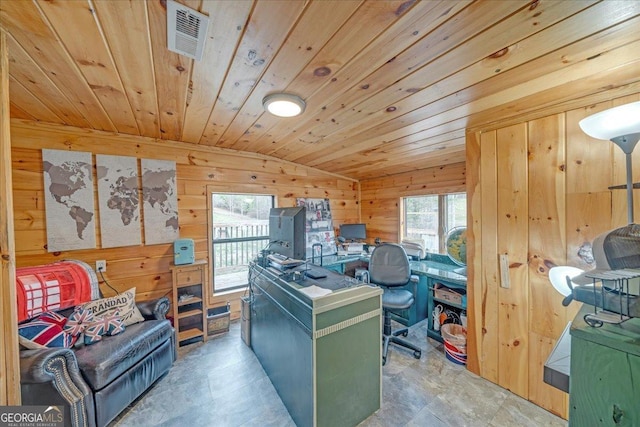 home office with wooden ceiling, wood walls, visible vents, and lofted ceiling