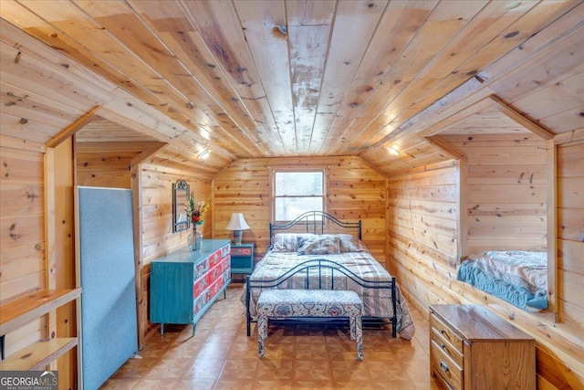 bedroom with lofted ceiling, wood walls, wooden ceiling, and light floors