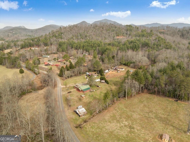 birds eye view of property featuring a mountain view and a view of trees