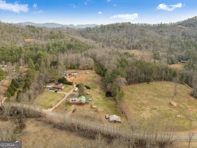 birds eye view of property featuring a rural view, a mountain view, and a view of trees