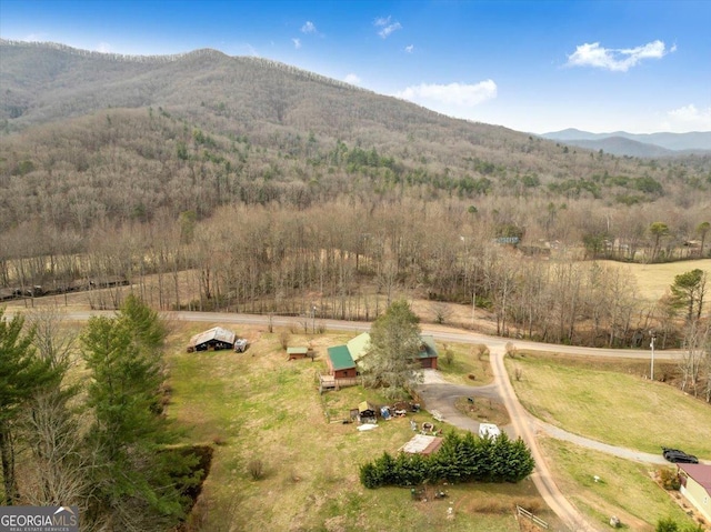 drone / aerial view featuring a rural view and a mountain view