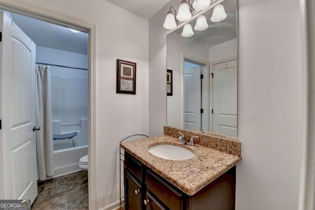 bathroom featuring toilet, shower / bath combination with curtain, and vanity