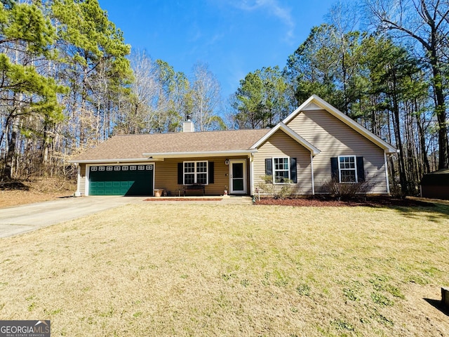 ranch-style home featuring a garage, a chimney, concrete driveway, and a front yard