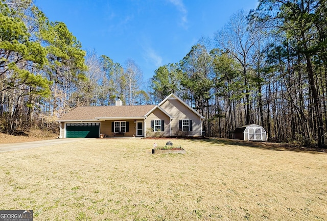 single story home featuring an attached garage, a front lawn, driveway, a shed, and a chimney