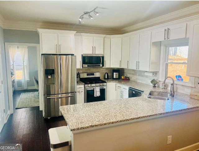 kitchen featuring white cabinets, a peninsula, stainless steel appliances, crown molding, and a sink