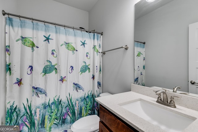 bathroom featuring vanity, toilet, and a shower with curtain