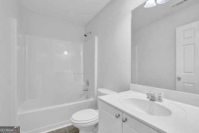 bathroom featuring shower / bath combination, visible vents, vanity, and toilet