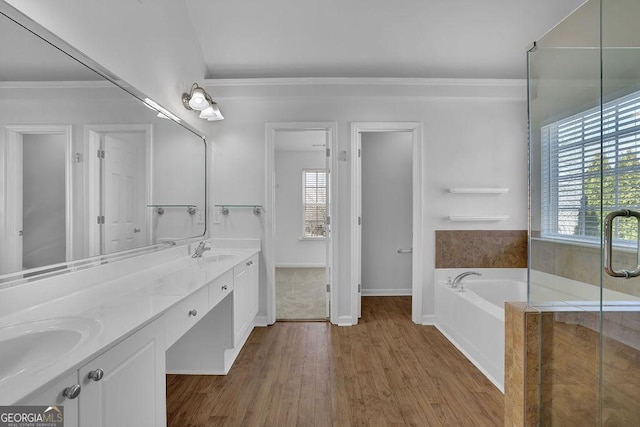 bathroom featuring double vanity, a garden tub, a sink, and wood finished floors