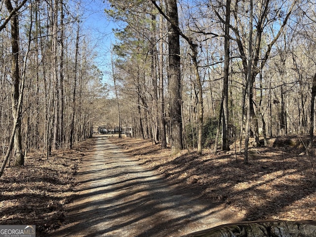 view of road featuring driveway and a forest view