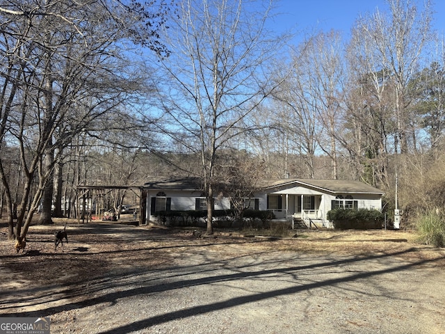 view of front of property featuring covered porch and dirt driveway