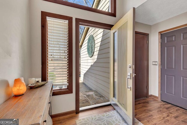 foyer entrance with a textured ceiling, baseboards, and wood finished floors