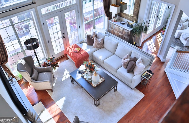 living area featuring a wealth of natural light, french doors, and wood finished floors