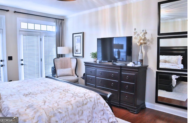 bedroom featuring ornamental molding, baseboards, and dark wood-style floors