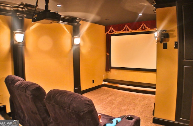 cinema featuring carpet floors, recessed lighting, and baseboards