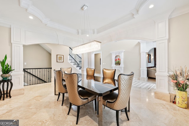 8760 Colonial Pl, Duluth, GA 30097 - dining space with ornate columns, crown molding, arched walkways, marble finish floor, and recessed lighting