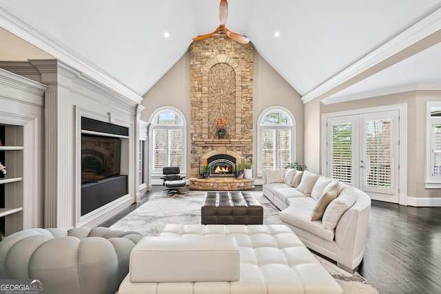 living room with french doors, a fireplace, wood finished floors, and a healthy amount of sunlight