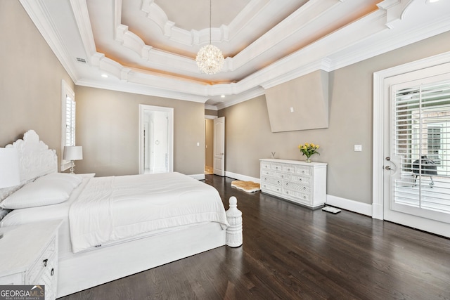 bedroom featuring access to exterior, a notable chandelier, dark wood finished floors, a raised ceiling, and ornamental molding