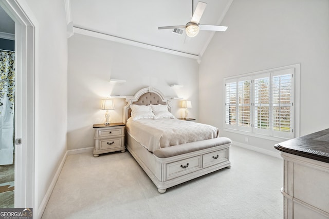 8760 Colonial Pl, Duluth, GA 30097 - bedroom featuring light carpet, baseboards, crown molding, high vaulted ceiling, and ceiling fan