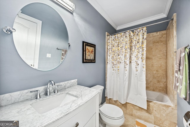 8760 Colonial Pl, Duluth, GA 30097 - bathroom featuring ornamental molding, vanity, tiled shower / bath, and toilet