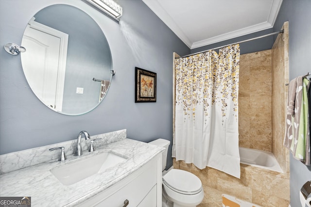 bathroom featuring toilet, tiled shower / bath, crown molding, and vanity