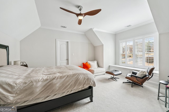 bedroom featuring carpet, visible vents, and ornamental molding