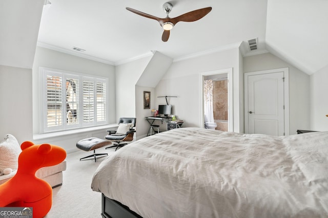 carpeted bedroom featuring lofted ceiling, ceiling fan, visible vents, and ornamental molding