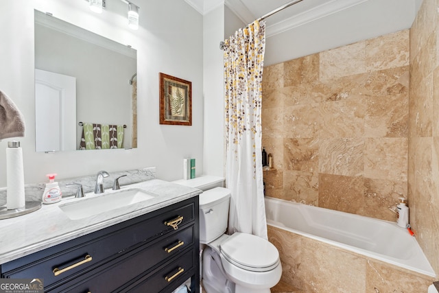 full bathroom featuring crown molding, tiled shower / bath, toilet, and vanity