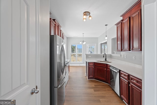 kitchen featuring wood finished floors, a peninsula, stainless steel appliances, dark brown cabinets, and a sink