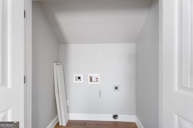 laundry area with hookup for a washing machine, hookup for an electric dryer, laundry area, baseboards, and dark wood-style floors