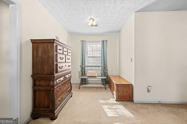 interior space featuring baseboards, a textured ceiling, and light colored carpet