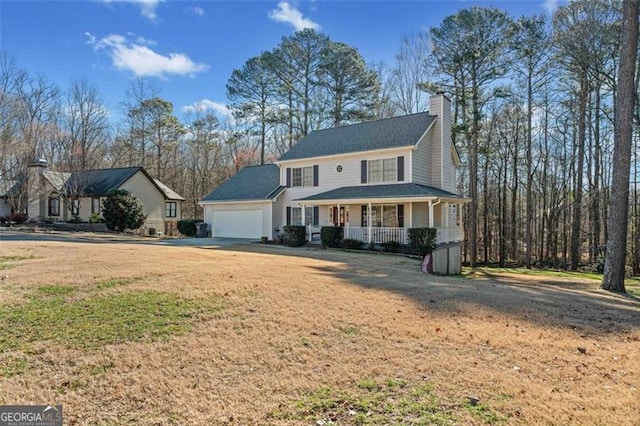 view of front of home with a chimney, a porch, an attached garage, driveway, and a front lawn